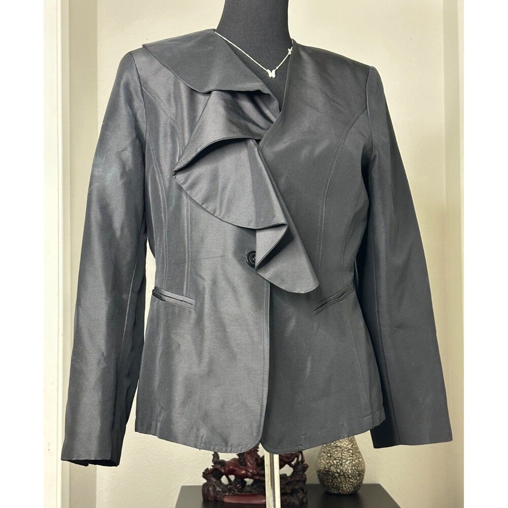 Neiman Marcus Exclusive 100% Silk Ruffle Asymmetric Blazer Jacket Grey Size 12